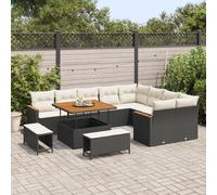 Ensemble De Canapé De Jardin De 12 Pièces Avec Coussins Noir Rotin Synthétique Acacia, Ensemble De Salle À Manger De Jardin De 3 Pièces Avec Coussins Noir Rotin Synthétique Acacia