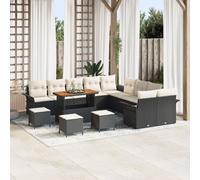 Ensemble De Canapé De Jardin De 14 Pièces Avec Coussins Noir Poly Rattan Acacia, Canapé De Jardin Deux Places Avec Coussins Noir Poly Rattan, Ensemble De Dîner De Jardin De 4 Pièces Avec Coussins Noir