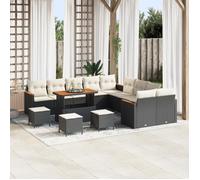 Ensemble de canapé de jardin de 14 pièces avec coussins noir poly rotin acacia, Ensemble de salle à manger de jardin de 4 3365060
