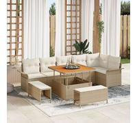 Ensemble De Canapé De Jardin De 9 Pièces Avec Coussins Beige En Poly Rotin Acacia, Canapé De Jardin 2 Places Avec Rangement Et Coussins Beige En Poly Rotin, Ensemble De Salle À Manger De Jardin De 3 P