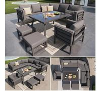 Ensemble de canapé de jardin - Demi-lune - 8 personnes - Cadre en fer robuste - Coussins gris - Table en verre