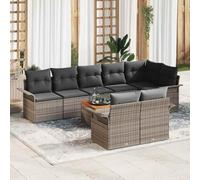 Ensemble de canapé de jardin modulaire 9 pièces avec coussin, polyrotin gris, bois d'acacia massif, trois sièges centraux, coin, quatre canapés avec accoudoirs et table de jardin.