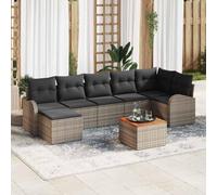 Ensemble de canapé de jardin modulaire moderne 8 pcs en rotin gris avec rangement, canapé double module, trois sièges centraux, pouf, coin et table en bois d'acacia massif.
