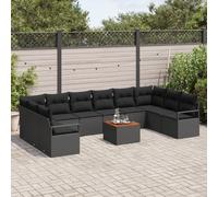 Ensemble De Canapé De Jardin Vidaxl 11 Pièces Avec Coussins Rattan Poly Noir Acacia, Canapé De Jardin 2 Places Avec Rangement Et Coussins Rattan Poly Noir