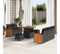 vidaXL Ensemble de Canapés de Jardin 8 Pièces avec Coussins Noirs en Poly Rattan et Acacia, pour Un Confort Stylé à l'Extérieur sur Le Patio et Le Balcon, Module Résistant aux Intempéries