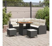 Ensemble de canapé jardin 8 pièces avec coussins en poly rotin noir acacia, Canapé jardin 2 places avec rangement et coussins en poly rotin noir, Ensemble repas jardin 3 pièces avec coussins en poly r