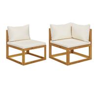 Ensemble de canapés 2 pièces en bois d'acacia massif coussins blanc crème, modulaires d'angle