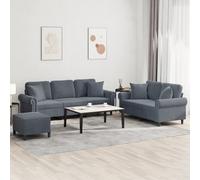 vidaXL Ensemble canapés 3 pcs avec coussins, accoudoirs, dossier et repose-pied velours gris foncé