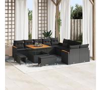 Ensemble De Canapés De Jardin 13 Pièces Avec Coussins Noir Poly Rattan Acacia, Ensemble De Dîners De Jardin 3 Pièces Avec Coussins Noir Poly Rattan Acacia