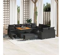 Ensemble De Canapés De Jardin 13 Pièces Noir Rattan Poly Acacia, Ensemble De Dîners De Jardin 3 Pièces Noir Rattan Poly Acacia