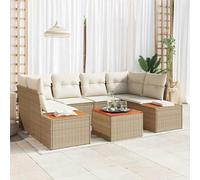 Ensemble de canapés de jardin 7 pièces en rotin poly-rotin, Beige, Canapé de terrasse modulaire avec coussins et rangements, garniture en acier de support de poudre, polyester et bois d'acacia