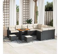 Ensemble De Canapés De Jardin De 12 Pièces Avec Coussins Noir Rattan Poly Acacia, Ensemble De Salle À Manger De Jardin De 3 Pièces Avec Coussins Noir Rattan Poly Acacia