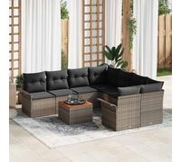 Ensemble de canapés de jardin en polyrotin 9 pièces avec coussins, gris, ensemble de salon modulaire avec quatre sièges centraux, deux coins et table, acier revêtu par poudre,
