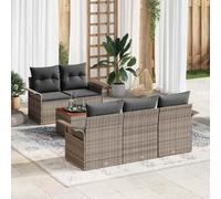 Ensemble de canapés de jardin modulaire 6 pièces en polyrotin gris avec coussins, siège central, quatre canapés avec accoudoirs et table 55x55x37 cm, cadre en acier revêtu par poudre