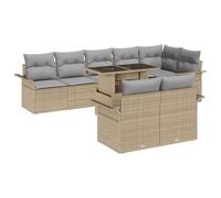 Ensemble de canapés de jardin modulaire de 9 pièces avec coussins, polyrotin beige, canapé de terrasse moderne avec accoudoirs arrondis et plateau en verre, cadre en acier revêtu par poudre.