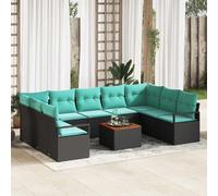 Ensemble de canapés de jardin modulaires 10 pièces en rotin noir et bois d'acacia, dont 5 sièges centraux, 2 coins, 2 canapés avec accoudoirs et une table, des coussins