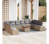 Ensemble de canapés de jardin modulaires 11 pièces avec coussin, rotin beige et bois d'acacia, six sièges centraux, deux coins, deux côtés et une table