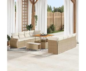 Ensemble de canapés de jardin modulaires 11 pièces en polyrotin beige avec rangement dans des bancs et des poufs, sièges en bois d'acacia, coussins en polyester avec serrures, cadre en acier