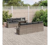 Ensemble de canapés de jardin modulaires 9 pièces avec coussin en polyester, rotin gris, table en verre trempé réglable en hauteur, quatre sièges centraux et quatre canapés