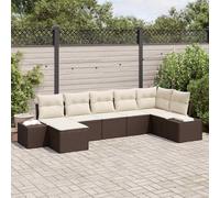 Ensemble de canapés de jardin modulaires en polyrotin marron 7 pièces avec coussins en polyester, cadre en acier revêtu par poudre et niveaux à bulle pour la stabilité sur terrain accidenté.
