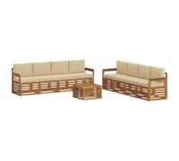 Ensemble de canapés d'extérieur 9 unités en bois d'acacia naturel et beige | Dossier à lattes, accoudoirs plats, facile à nettoyer, pour jardin et patio