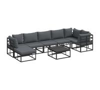 Ensemble de canapés d'extérieur super stylé avec une table en alu noir, des coussins qui ne craignent pas la pluie, un design modulable, avec 3 sièges d'angle et un pouf au milieu, idéal pour un coin