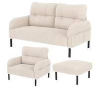 Ensemble de canapés modulaires en cordon beige - Fauteuil 2 places et ottomane avec poche latérale ergonomique à dossier ergonomique et cadre en bois métallique robuste - Parfait pour les salons et