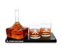 Ensemble de carafes officielles Atari Joystick avec 2 verres à whisky à bouton d'action Atari et plateau CX78+ pour whisky, scotch et gin, carafe de 750 ml, verres de 300 ml, cadeau d'anniversaire