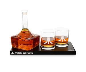 Ensemble de carafes officielles Atari Joystick avec 2 verres à whisky à bouton d'action Atari et plateau CX78+ pour whisky, scotch et gin, carafe de 750 ml, verres de 300 ml, cadeau d'anniversaire