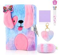 Ensemble de carnet de notes en peluche avec motif licorne et chien, carnet de notes moelleux pour filles avec broderie, stylo multicolore, jolie trousse à crayons, porte-clés, bracelets pour écrire et dessiner (chien, cœur)
