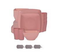 Ensemble de Carrées Vaisselle en Plastique,Réutilisables Bols Assiettes Tasses,Colorées,Incassables,Passe au Micro Ondes et Au Lave Vaisselle,Pour la maison et le camping (Rose, 32 Pièces)