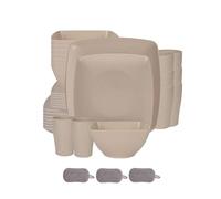 Ensemble de Carrées Vaisselle en Plastique,Réutilisables Bols Assiettes Tasses,Colorées,Incassables,Passe au Micro Ondes et Au Lave Vaisselle,Pour la maison et le camping (Beige, 32 Pièces)