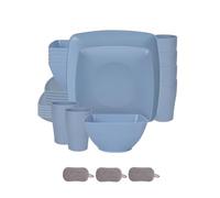 Ensemble de Carrées Vaisselle en Plastique,Réutilisables Bols Assiettes Tasses,Colorées,Incassables,Passe au Micro Ondes et Au Lave Vaisselle,Pour la maison et le camping (Bleu, 24 Pièces)