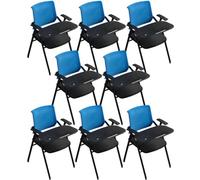 Ensemble de chaises de bureau contemporaines en maille bleue à dossier moyen - Tabouret de conférence pliable 8 pièces avec accoudoirs fixes et grand bloc-notes - Idéal pour l'entraînement et la
