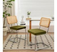Ensemble de chaises de salle à manger rembourrées en velours moderne du milieu du siècle, dossier en canne naturelle et base chromée en acier inoxydable pour salon et cuisine
