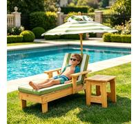 Ensemble De Chaises Longues Pour Enfants Avec Parasol Et Table D'appoint | Fauteuil En Bois Avec Coussins Amovibles En Tissu Rayé, Pour Chambre D'enfant Ou Terrasse,Vert,93.5x38x26cm