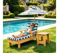 Ensemble De Chaises Longues Pour Enfants Avec Parasol Et Table D'appoint | Fauteuil En Bois Avec Coussins Amovibles En Tissu Rayé, Pour Chambre D'enfant Ou Terrasse,Bleu,93.5x38x26cm