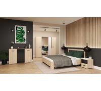 Ensemble de chambre à coucher Armoire Lit Commode 2 tables de nuit BARI San Remo Sable/Noir SANS MATELAS