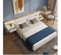 Ensemble de chambre avec lit double 180x200 cm, 2 tables de nuit LED et prises USB-C, pour adultes, lit en bois massif, blanc.