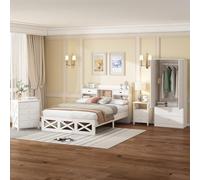 Ensemble de chambre complète, design moderne, lit en bois, table de chevet, commode, armoire, 140 x 200 cm, lit double avec fonction de rangement, armoire à 2 portes avec 2 tiroirs, en bois, blanc