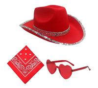 Ensemble de chapeau de cow-boy, chapeau de cowboy à sequins | Chapeau de cowboy à la mode avec lunettes en forme de cœur et bandana - Carnaval Dress Up Supplies, 3 Pcs Cowgirl Pack pour les fêtes