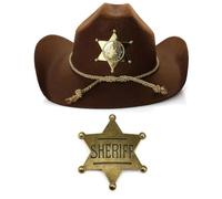 Ensemble de chapeau de shérif occidental pour adultes - Chapeau de shérif de cowboy marron et badge de shérif doré pour déguisement, fêtes à thème occidental, jeux de rôle et événements costumés