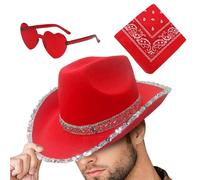 Ensemble de chapeaux de cowboy de Noël, chapeau de cowboy de Noël | Chapeaux occidentaux de fête | Chapeau de fête de noël 3X avec Bandana et lunettes cœur, chapeau de cow-girl pour , vacances, Co