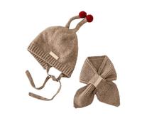 Ensemble de chapeaux et écharpes mignons pour enfants - Boules en peluche - Bonnet tricoté à lacets - Accessoires élastiques pour temps froid, kaki, Head Circumference: 17.34"-20.09"