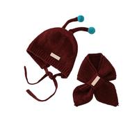 Ensemble de chapeaux et écharpes mignons pour enfants - Boules en peluche - Bonnet tricoté à lacets - Accessoires élastiques pour temps froid, rouge vin, Head Circumference: 17.34"-20.09"