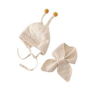 Ensemble de chapeaux et écharpes mignons pour enfants - Boules en peluche - Bonnet tricoté à lacets - Accessoires élastiques pour temps froid, beige, Head Circumference: 17.34"-20.09"