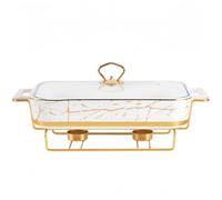 Ensemble de Chauffe-Plat en Céramique, Réchauffeur d'Aliments à Double Poignée avec Support en Fil Doré et Couvercle, pour Buffets, Restauration, Mariages et Fêtes white 0.8L