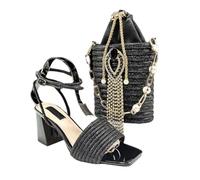 Ensemble de chaussures de banquet à bout ouvert en strass pour femme avec pochette assortie pour mariage, Noir , 42.5 EU