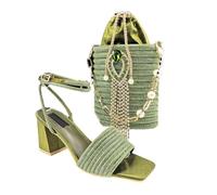 Ensemble de chaussures de banquet à bout ouvert en strass pour femme avec pochette assortie pour mariage, vert olive, 43.5 EU