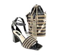 Ensemble de chaussures de banquet à bout ouvert en strass pour femme avec pochette assortie pour mariage, noir/doré, 42 EU